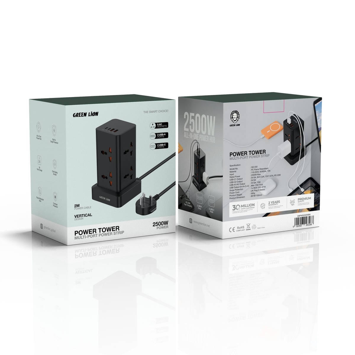 Green Lion Power Tower Multi-Port Power Strip 2500W 2M Cable - Black