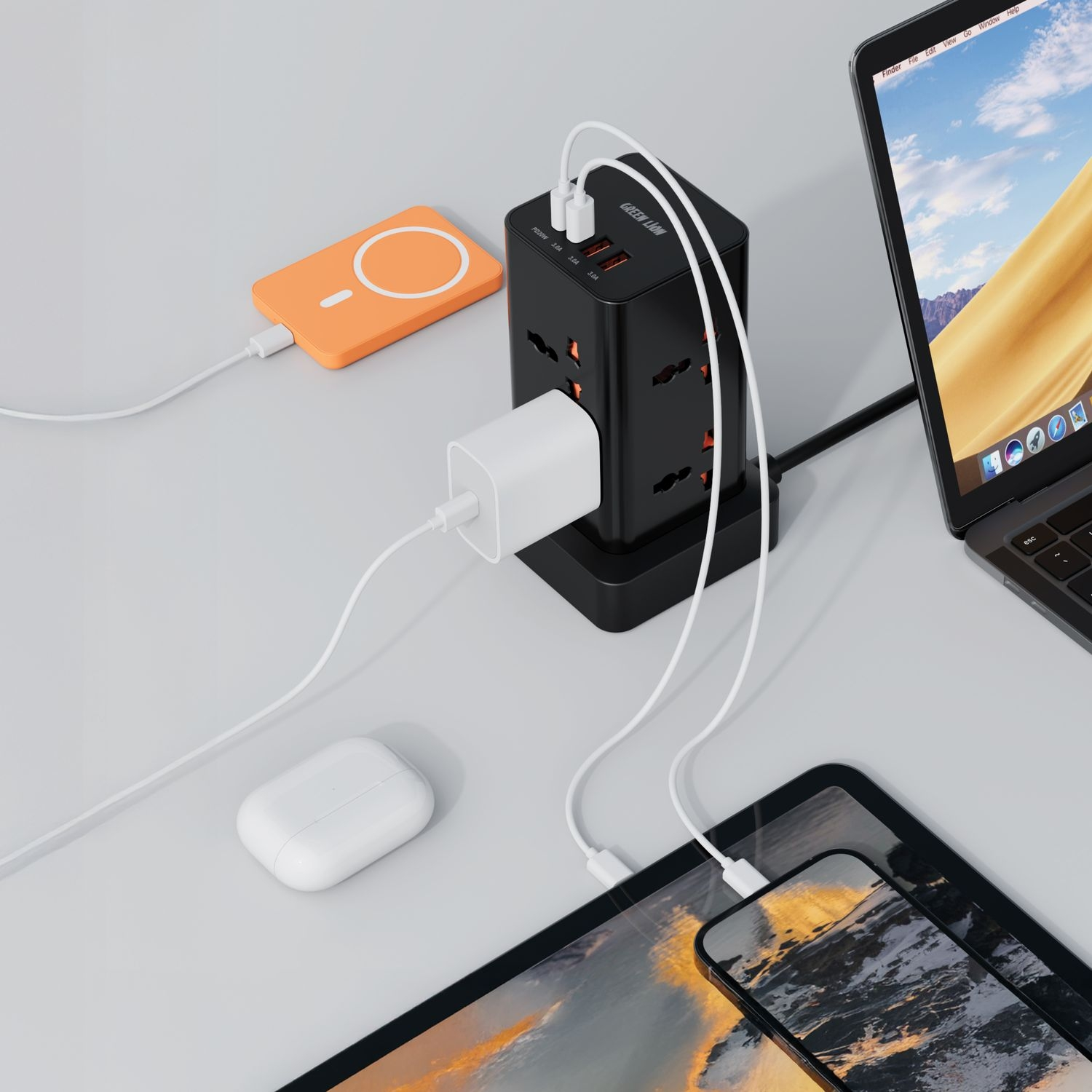 Green Lion Power Tower Multi-Port Power Strip 2500W 2M Cable - Black
