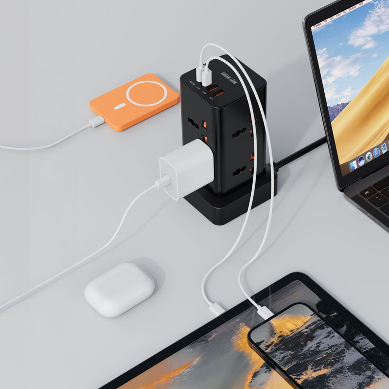 Green Lion Power Tower Multi-Port Power Strip 2500W 2M Cable - Black