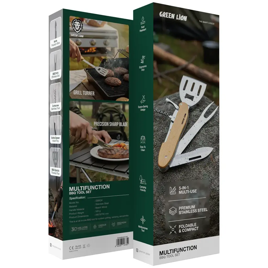 Green Lion Multifunction 5 in 1 BBQ Tool Set - Wood