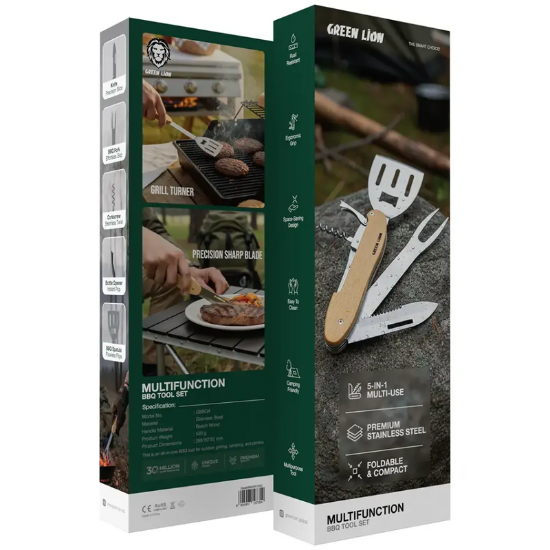 Green Lion Multifunction 5 in 1 BBQ Tool Set - Wood