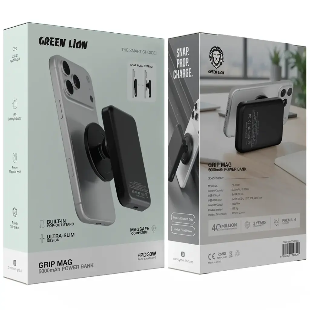 Green Lion Grip Mag 5000mAh Power Bank PD 30W - Black