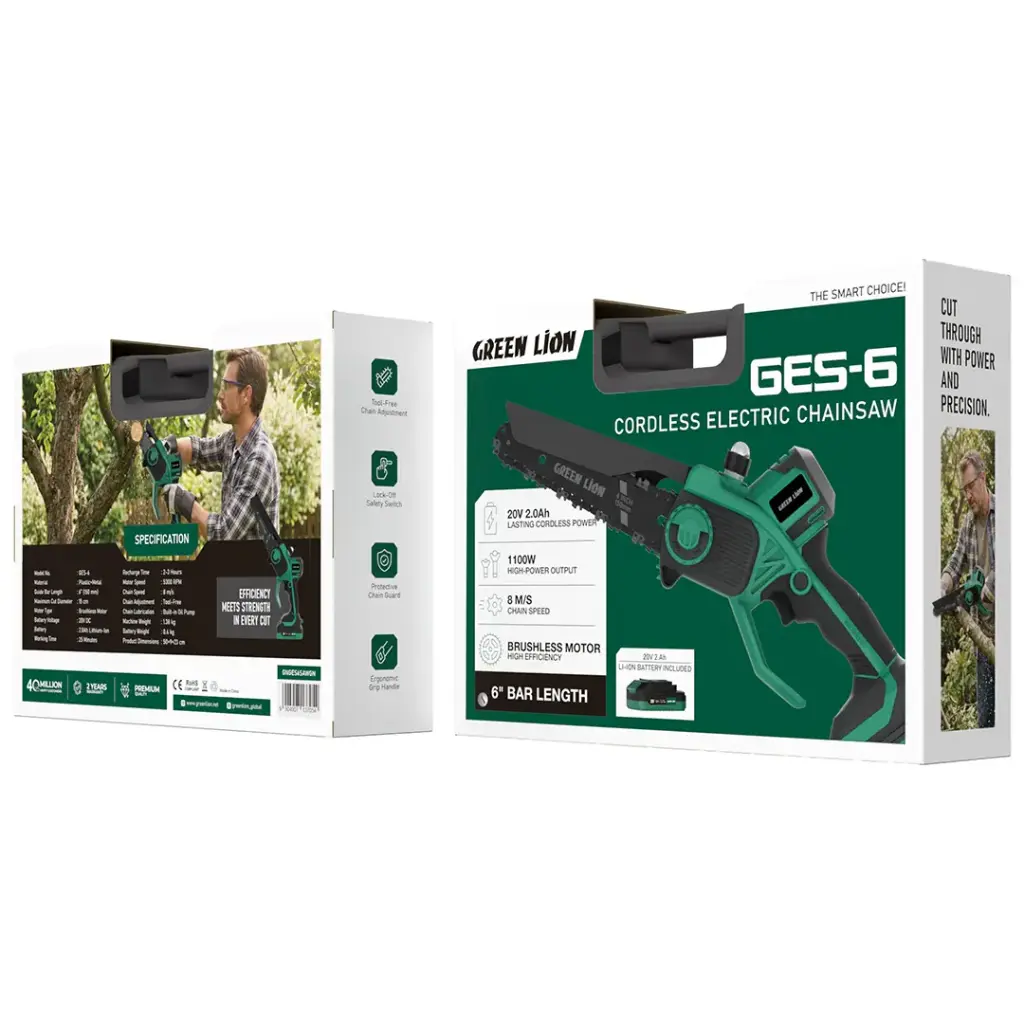 Green Lion GES-6 Cordless Electric Chainsaw 6'' Bar 20V 2.0Ah Battery - Green