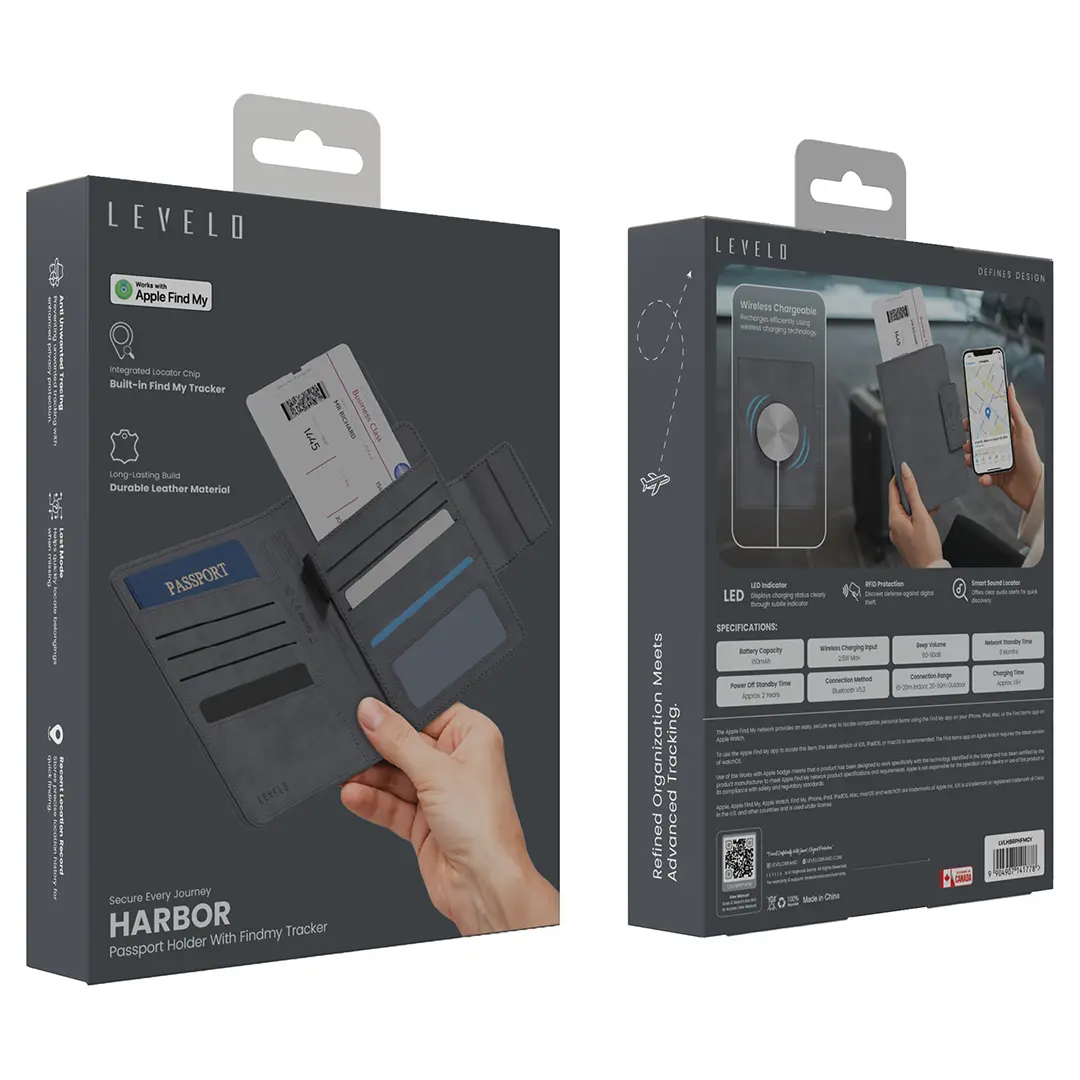 Levelo Harbor Passport Holder with Findmy tracker - Grey