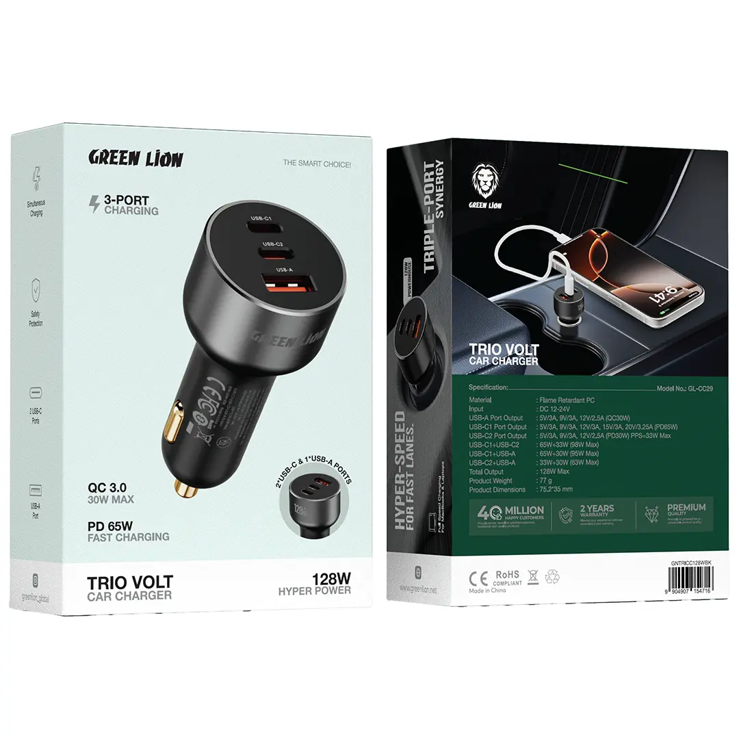 Green Lion Trio Volt Car Charger 128W - Black