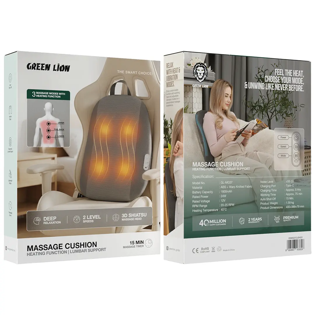 Green Lion Massage Cushion with Heating Function and Lumbar Support - Grey