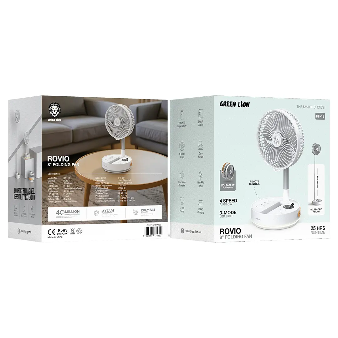 Green Lion ROVIO 8" Folding Fan- White