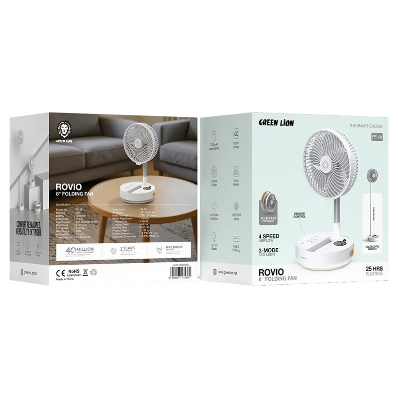 Green Lion ROVIO 8" Folding Fan- White