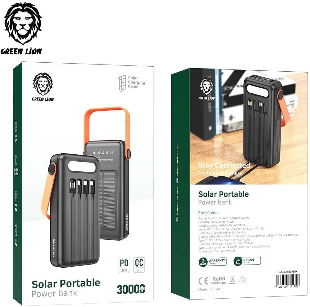 Green Lion Solar 5-Panel 30000mAh Power Bank PD 20W - Black