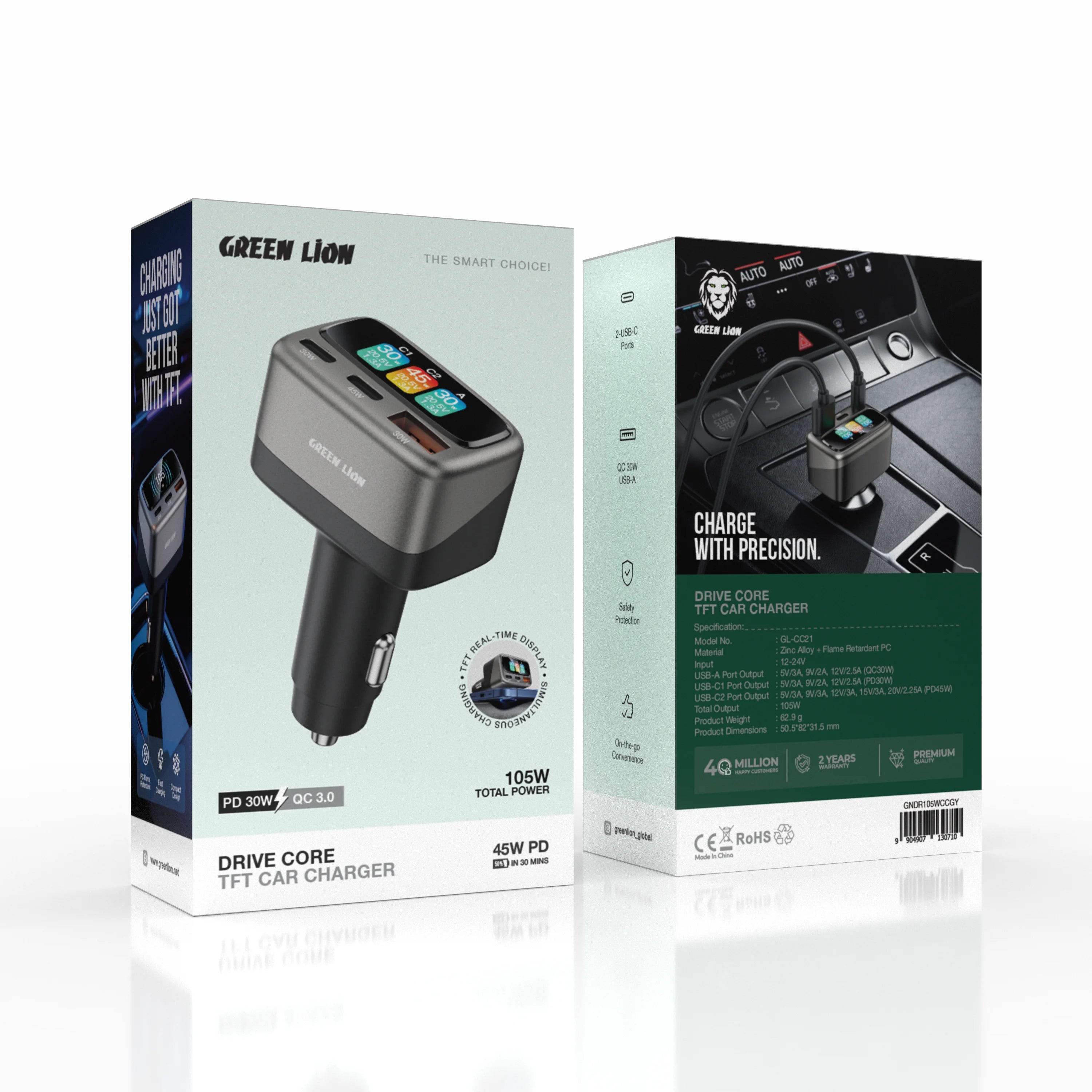 شاحن سيارة Green Lion Drive Core TFT بقوة 105W مع 3 منافذ وشاشة TFT – رمادي