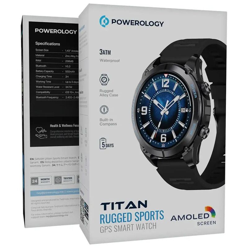 Powerology Titan Rugged Sports Smart Watch 1.43" AMOLED Display with GPS, Bluetooth Calling & 3ATM Waterproof – Black