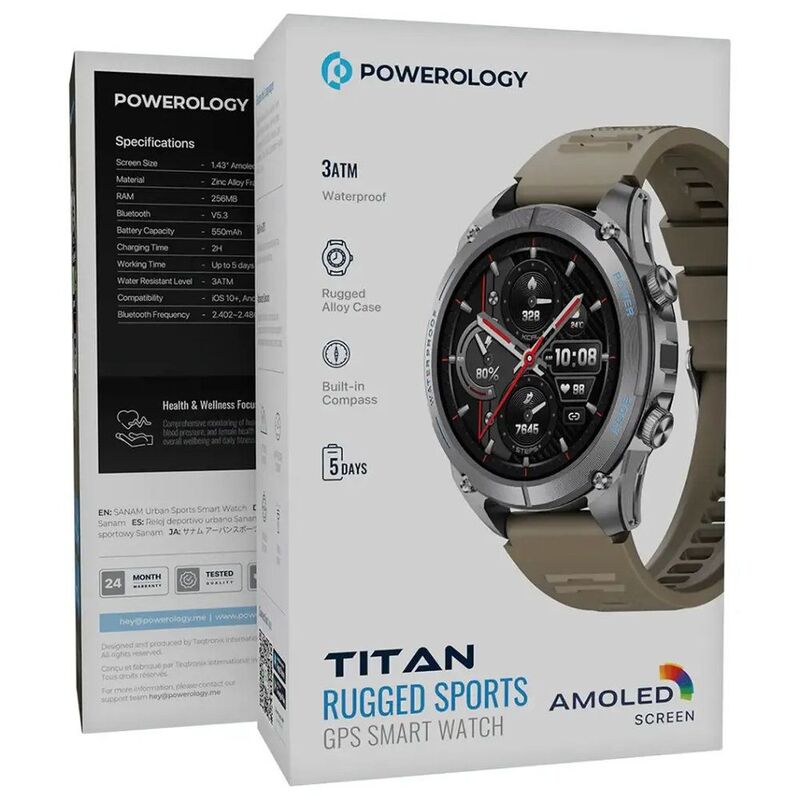 Powerology Titan Rugged GPS Smart Watch 1.43" AMOLED Display with Bluetooth Calling & Compass – Khaki