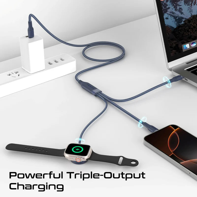 كابل شحن PROMATE Fusion-CCW 3 في 1 USB-C إلى 100W PD USB-C، 27W USB-C وشاحن Apple Watch بقوة 5W