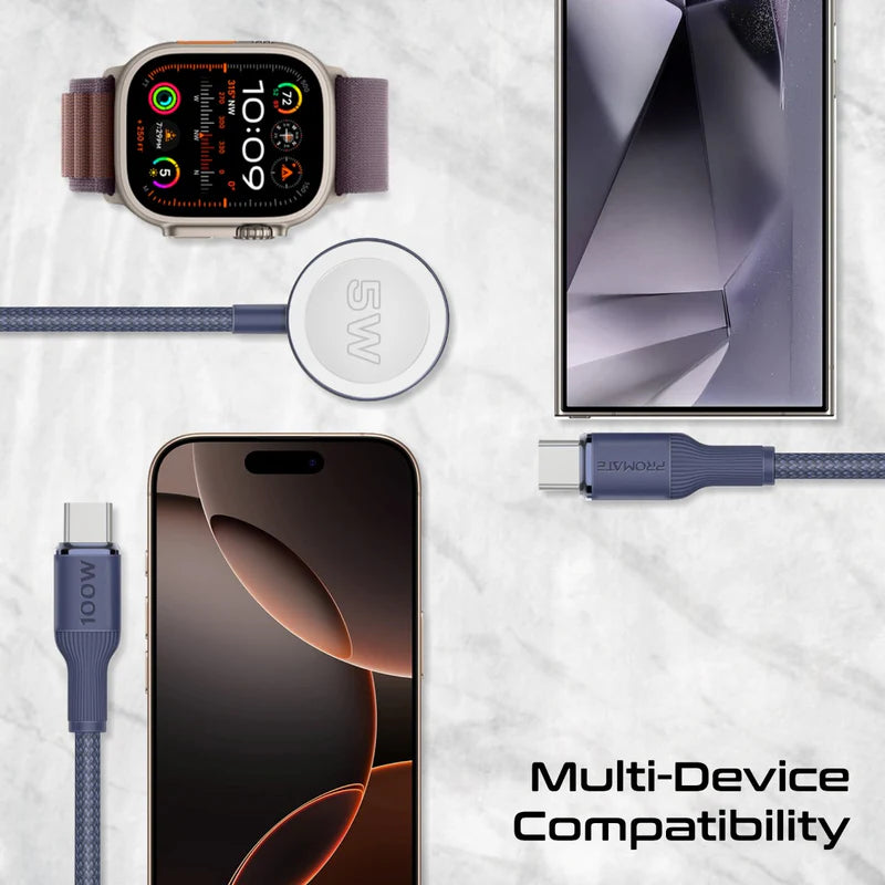 كابل شحن PROMATE Fusion-CCW 3 في 1 USB-C إلى 100W PD USB-C، 27W USB-C وشاحن Apple Watch بقوة 5W