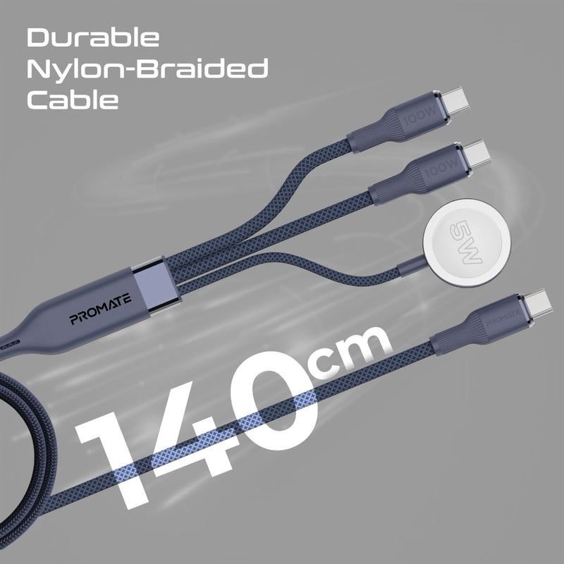 كابل شحن PROMATE Fusion-CCW 3 في 1 USB-C إلى 100W PD USB-C، 27W USB-C وشاحن Apple Watch بقوة 5W