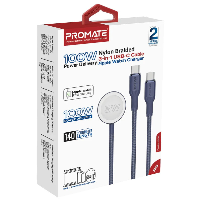 كابل شحن PROMATE Fusion-CCW 3 في 1 USB-C إلى 100W PD USB-C، 27W USB-C وشاحن Apple Watch بقوة 5W