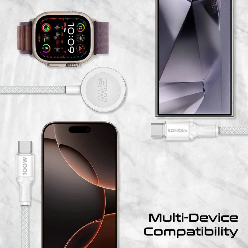 كابل شحن PROMATE Fusion-CCW 3 في 1 USB-C إلى 100W PD USB-C، 27W USB-C وشاحن Apple Watch بقوة 5W