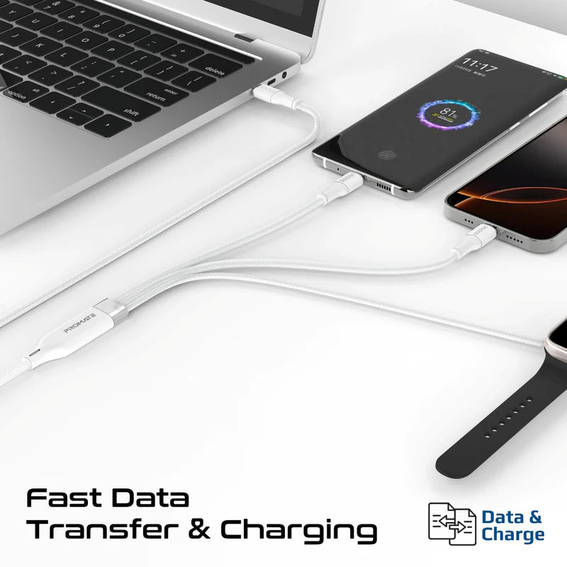 كابل شحن PROMATE Fusion-CCW 3 في 1 USB-C إلى 100W PD USB-C، 27W USB-C وشاحن Apple Watch بقوة 5W