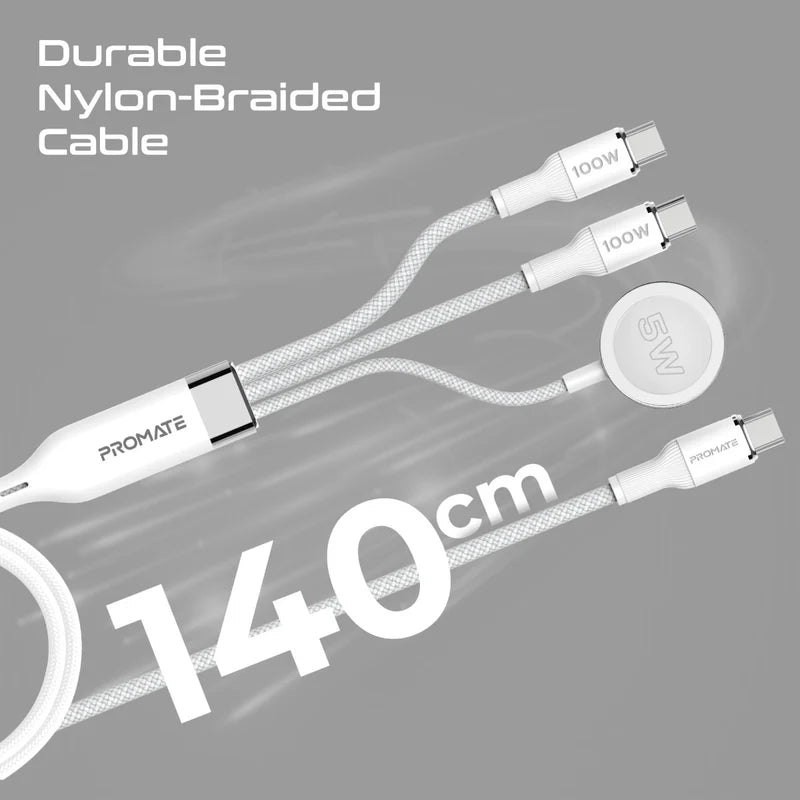 كابل شحن PROMATE Fusion-CCW 3 في 1 USB-C إلى 100W PD USB-C، 27W USB-C وشاحن Apple Watch بقوة 5W