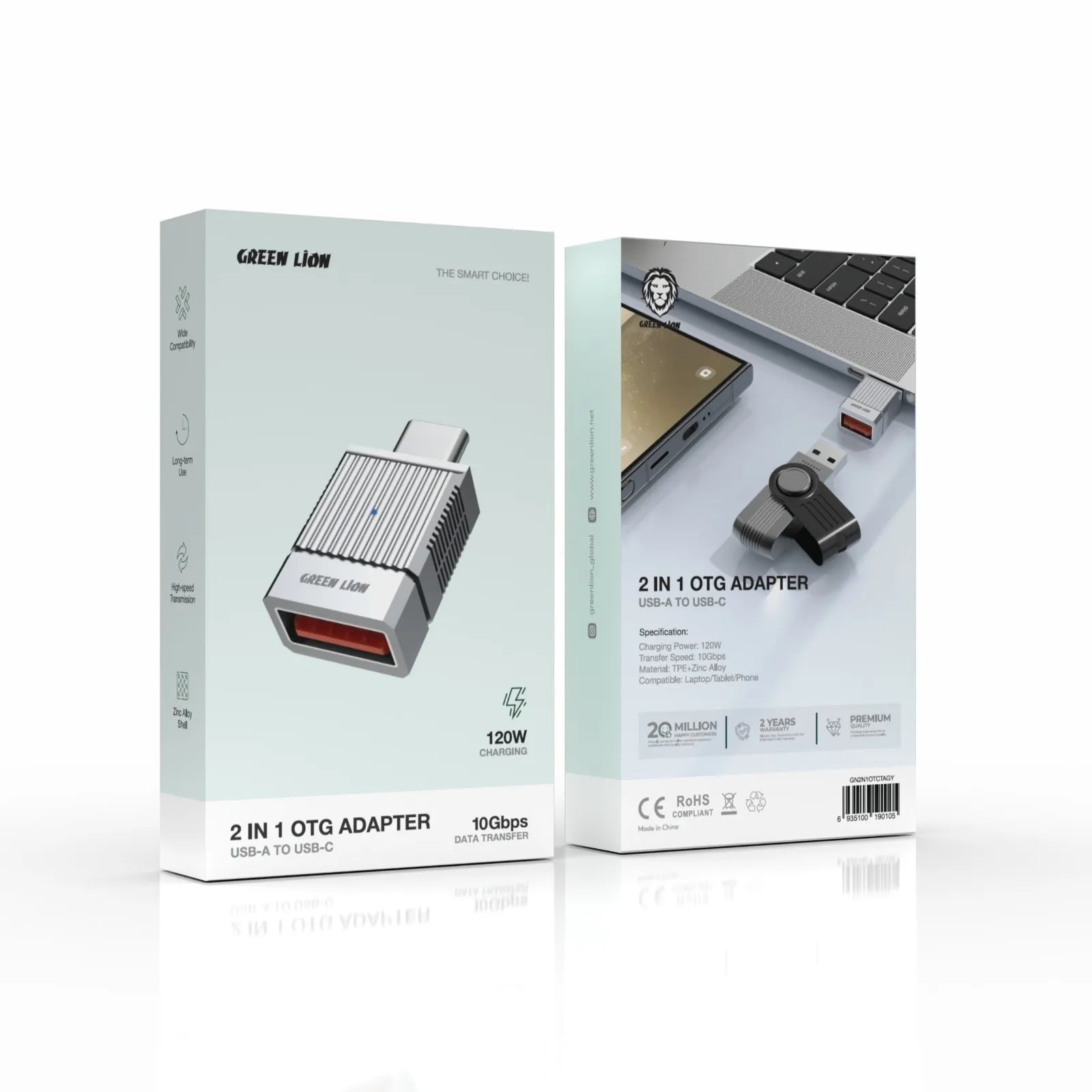 Green Lion 2 in 1 OTG Adapter USB-A to USB-C 120W 10Gbps Gray