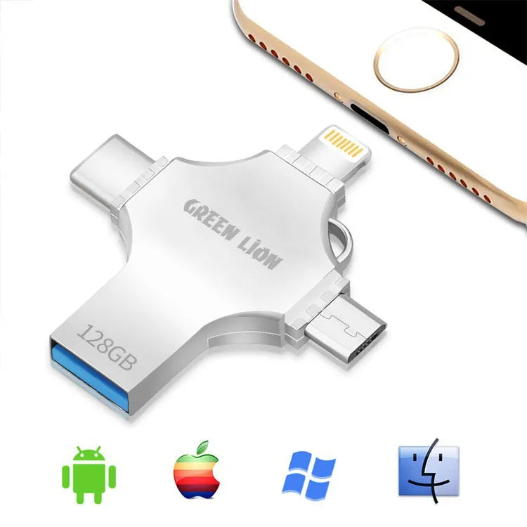 فلاش ميموري 256GB متعدد المنافذ 4 في 1 (USB-C / Lightning / Micro USB / USB-A) – جرين ليون Green Lion