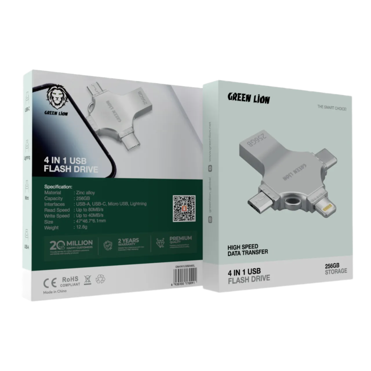 فلاش ميموري 256GB متعدد المنافذ 4 في 1 (USB-C / Lightning / Micro USB / USB-A) – جرين ليون Green Lion