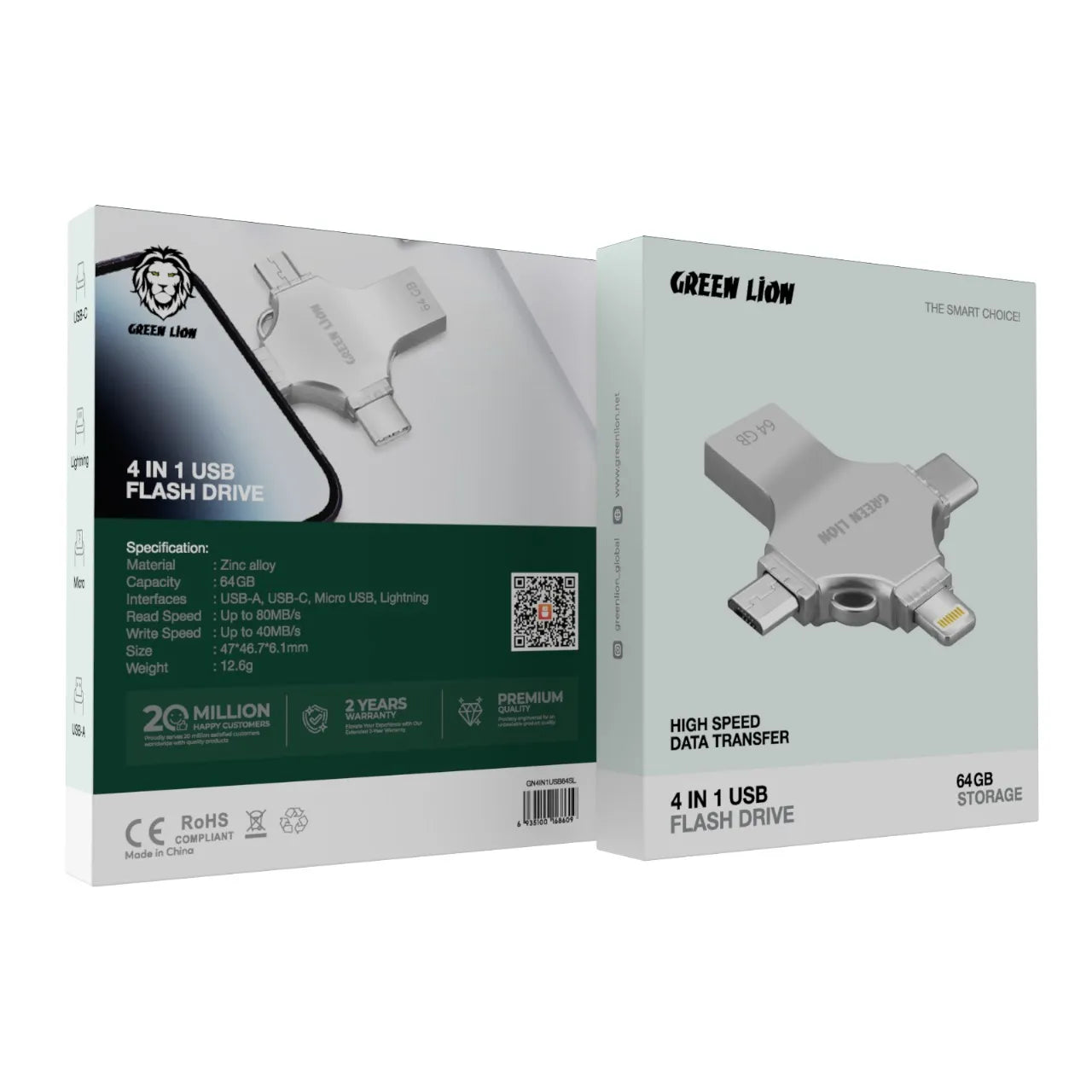 فلاش ميموري 256GB متعدد المنافذ 4 في 1 (USB-C / Lightning / Micro USB / USB-A) – جرين ليون Green Lion