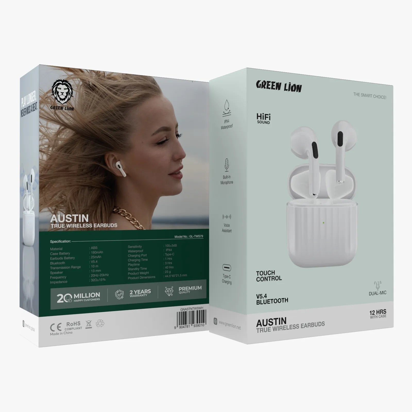 سماعات جرين ليون Austin اللاسلكية True Wireless بتقنية Bluetooth 5.4 – أسود / أبيض