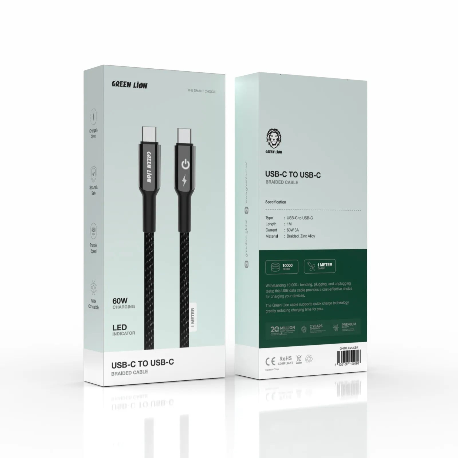 Green Lion USB-C to USB-C Braided Cable 60W Fast Charging 1M with LED Indicator – Black