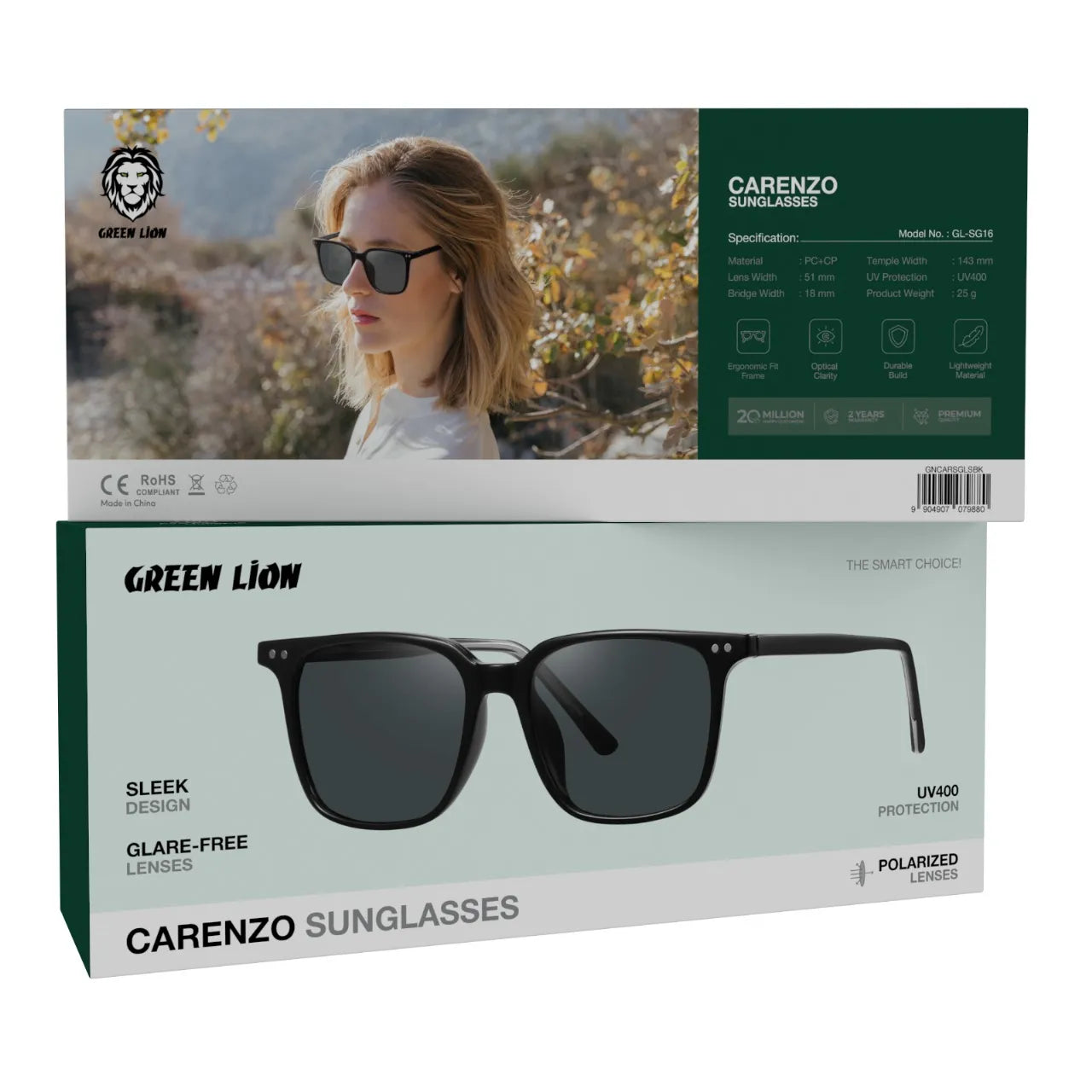 Green Lion Carenzo Polarized Sunglasses UV400 Protection Lightweight Frame – Black