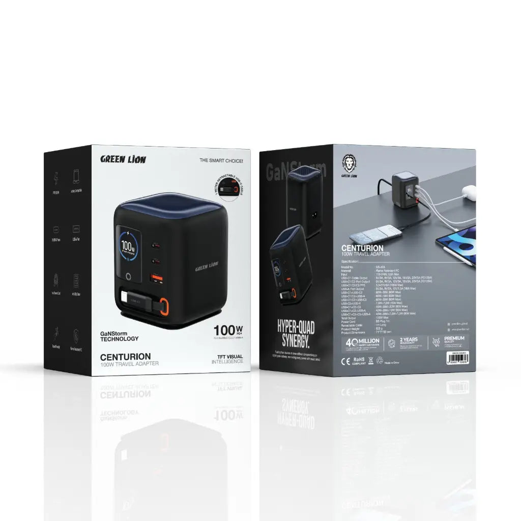 محول سفر Green Lion Centurion 100W GaN - أسود