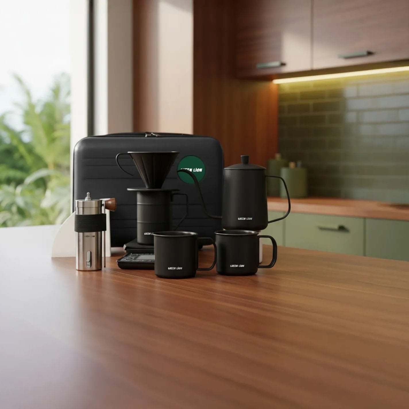 طقم Green Lion V-60 Pro لتحضير القهوة المقطرة 7 في 1 مع مطحنة وميزان – أسود