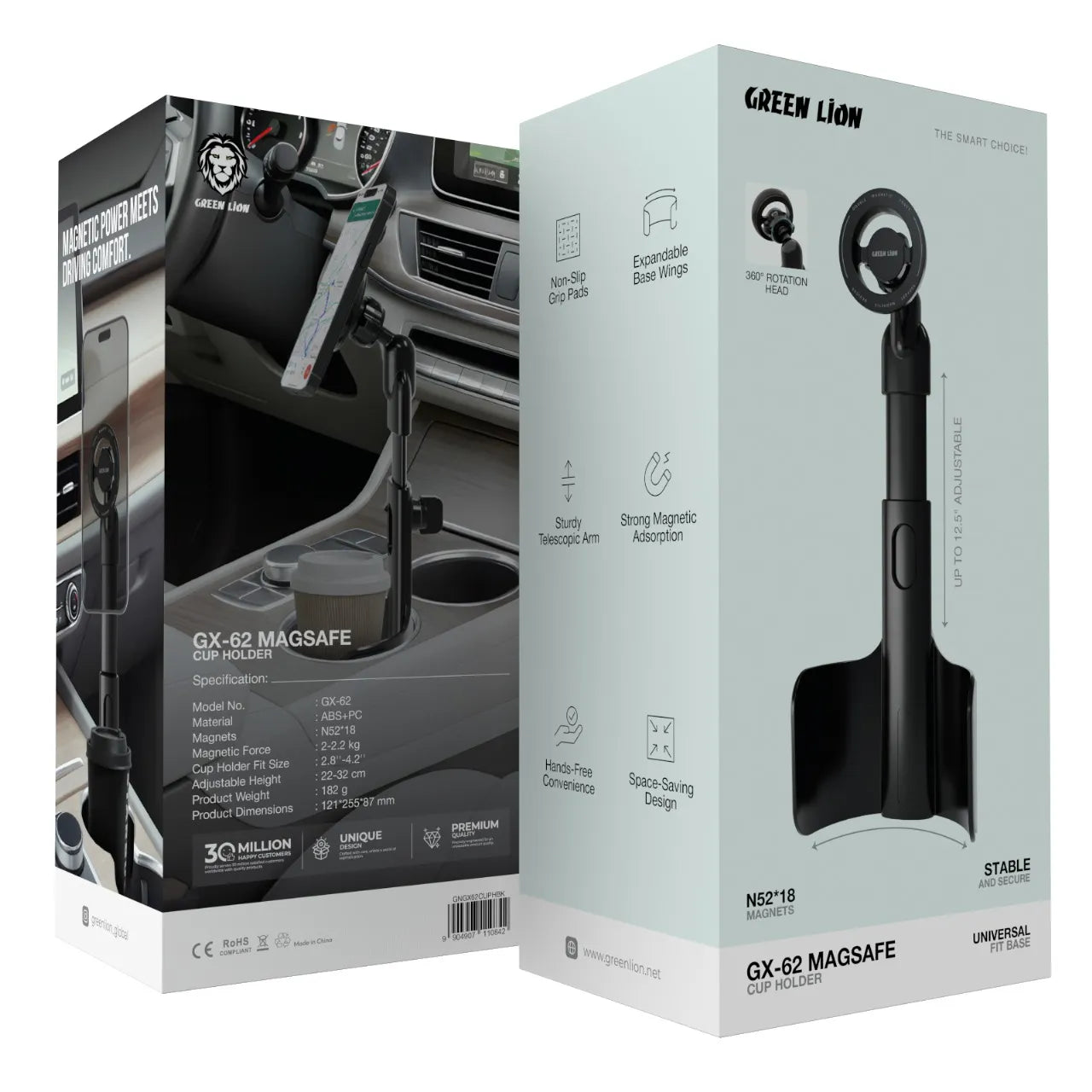 Green Lion GX-62 MagSafe Cup Holder Car Phone Mount with Adjustable Arm – Black