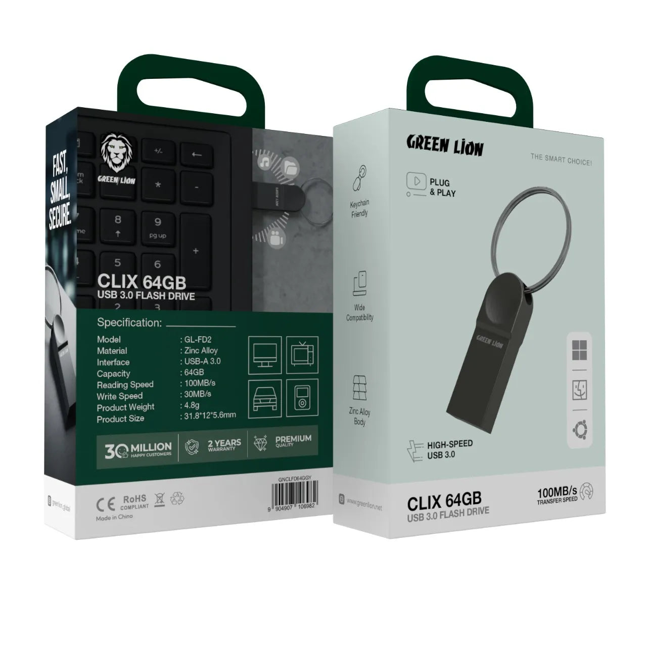 فلاش ميموري Green Lion CLIX USB 3.0 عالي السرعة بتصميم ميدالية – رمادي