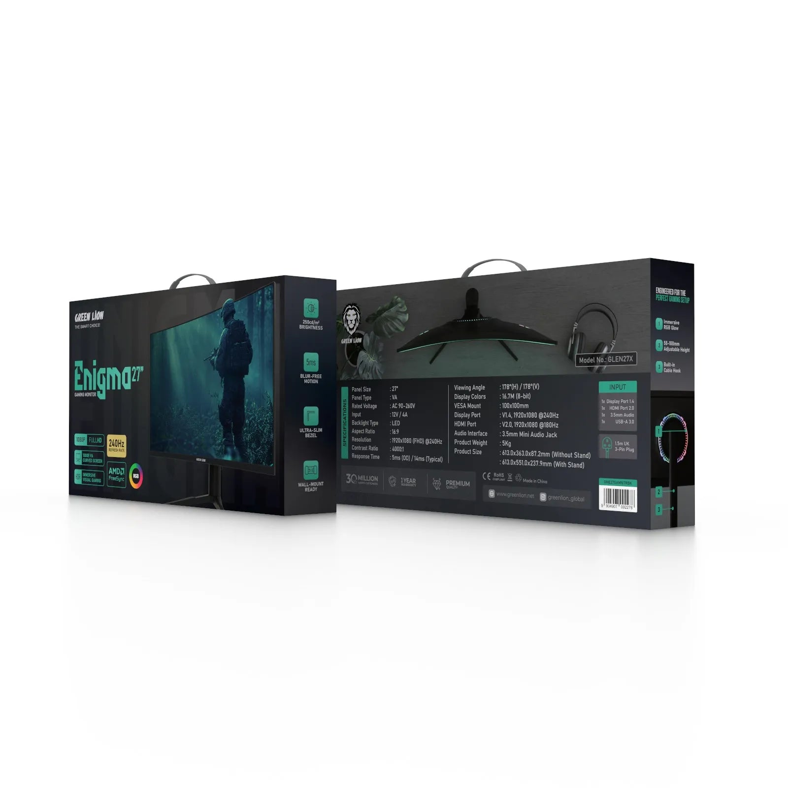 شاشة الألعاب Green Lion Enigma مقاس 27 إنش بدقة Full HD وتردد 240Hz مع RGB – أسود