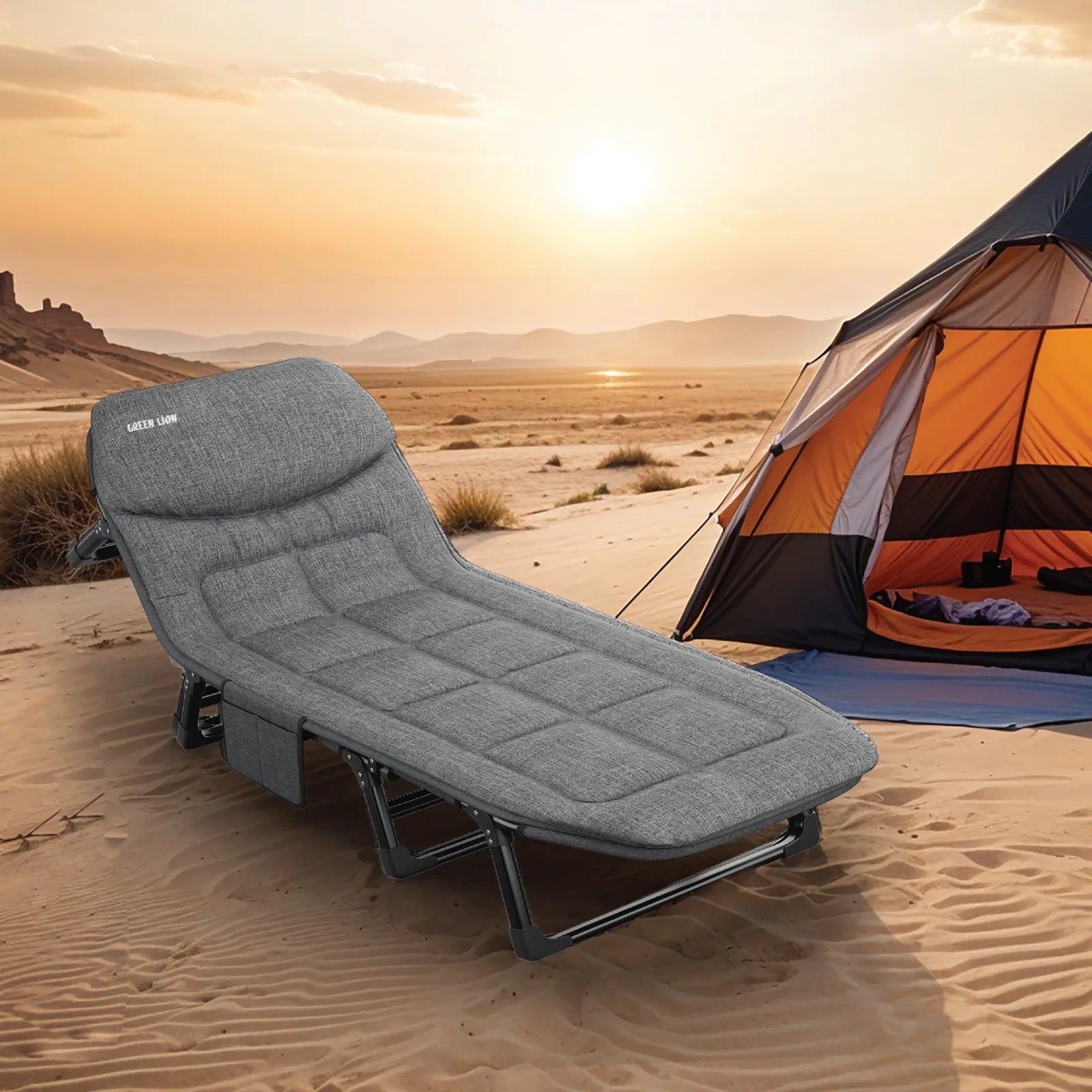 Green Lion Foldable Camping Bed with Adjustable Backrest & Pillow – Gray