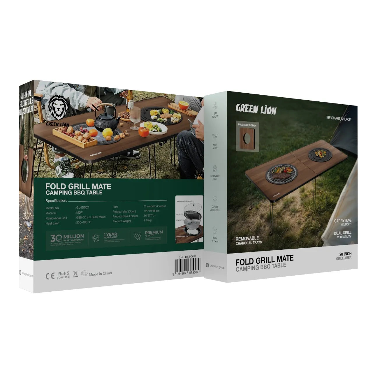 طاولة الشواء Green Lion Fold Grill Mate القابلة للطي مع شوايتين فحم – Wood Finish