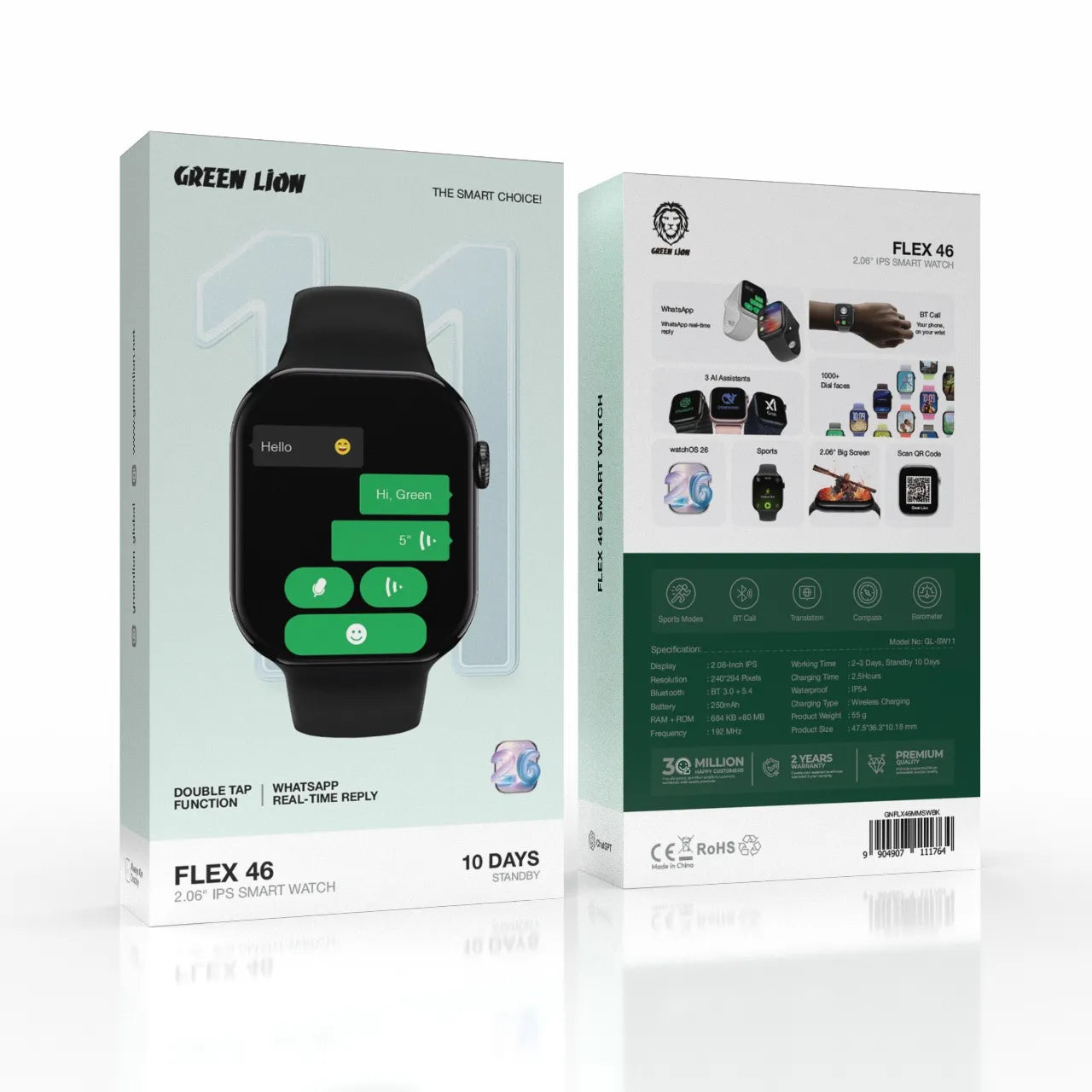 Green Lion Flex 46 Smart Watch 2.06" IPS Display with BT Calling & AI Assistants – Black
