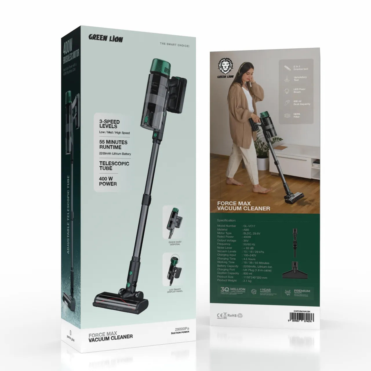 Green Lion Force Max Cordless Vacuum Cleaner 400W 29000Pa – Black
