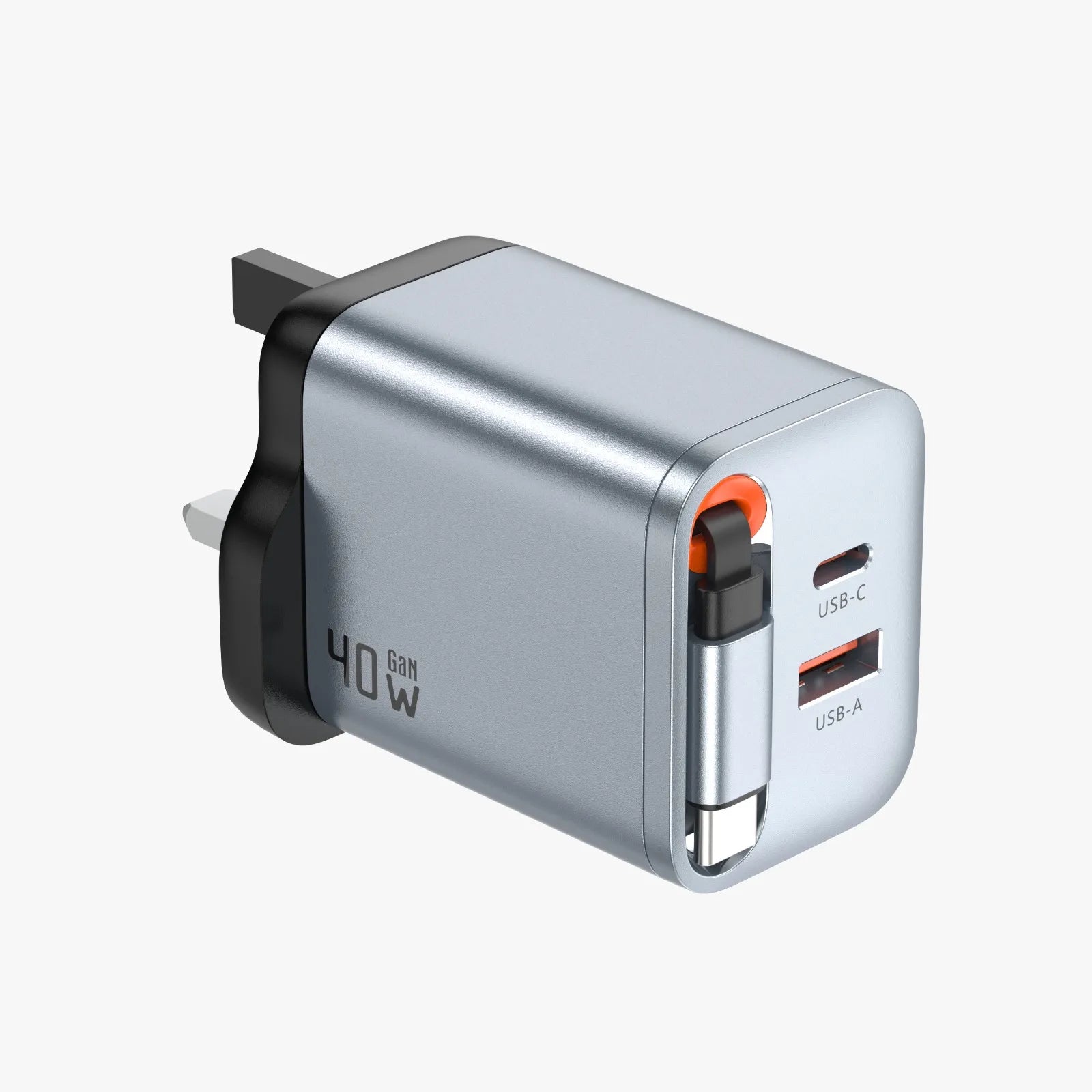 شاحن Green Lion GaNPremium 40W PD مع كابل USB-C ساحب مدمج ومنفذين – UK Plug – رمادي