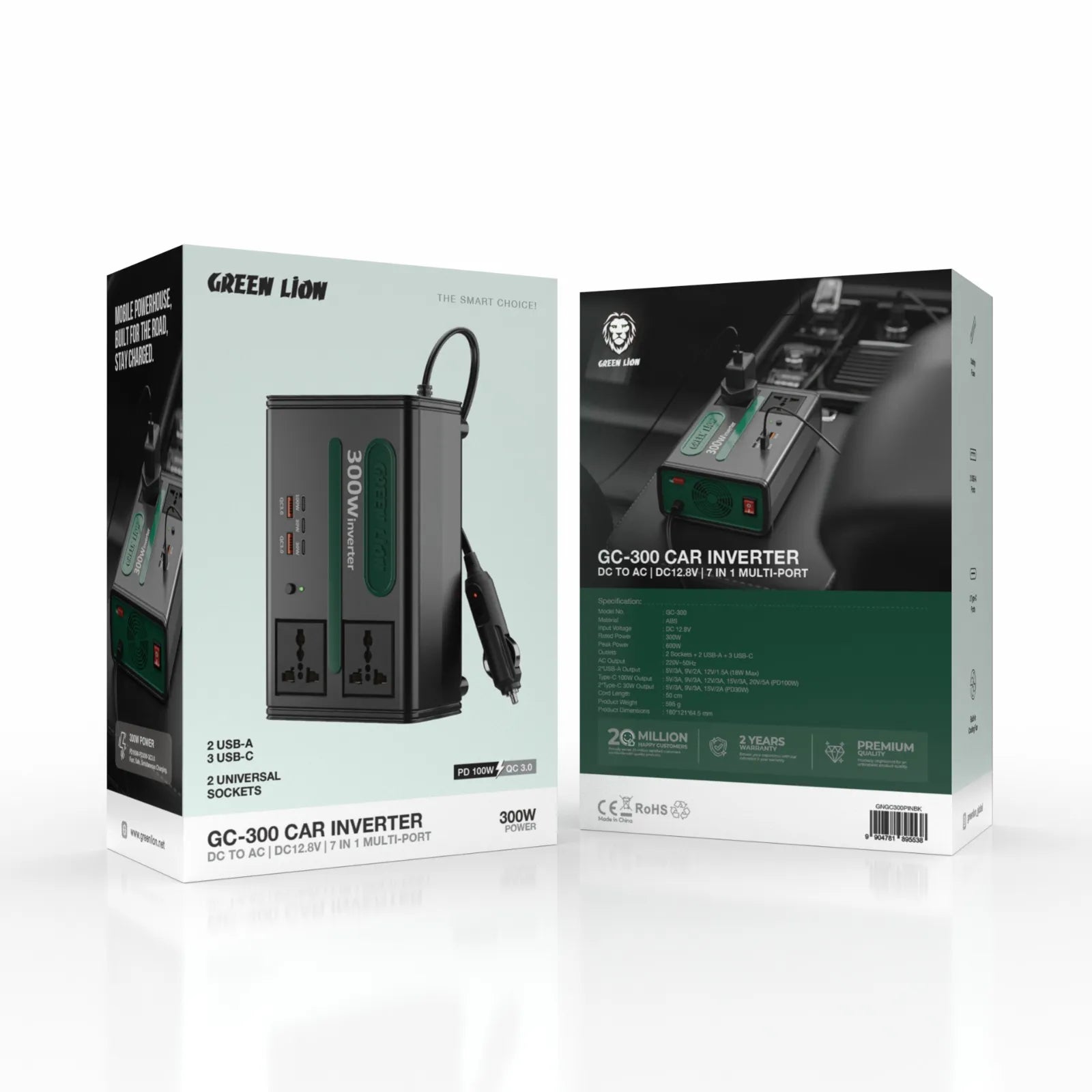 محول الطاقة Green Lion GC-300 للسيارة بقدرة 300W مع منفذي AC وشحن سريع متعدد – أسود