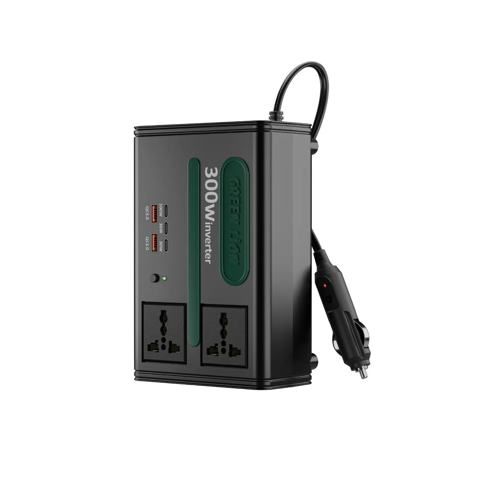 محول الطاقة Green Lion GC-300 للسيارة بقدرة 300W مع منفذي AC وشحن سريع متعدد – أسود
