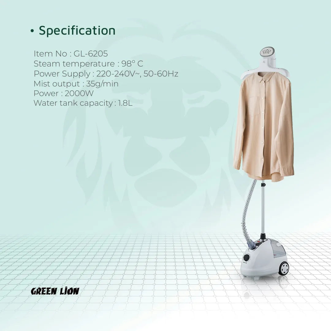Green Lion Garment Steamer 2000W with Adjustable Hanger & 1.8L Tank – White