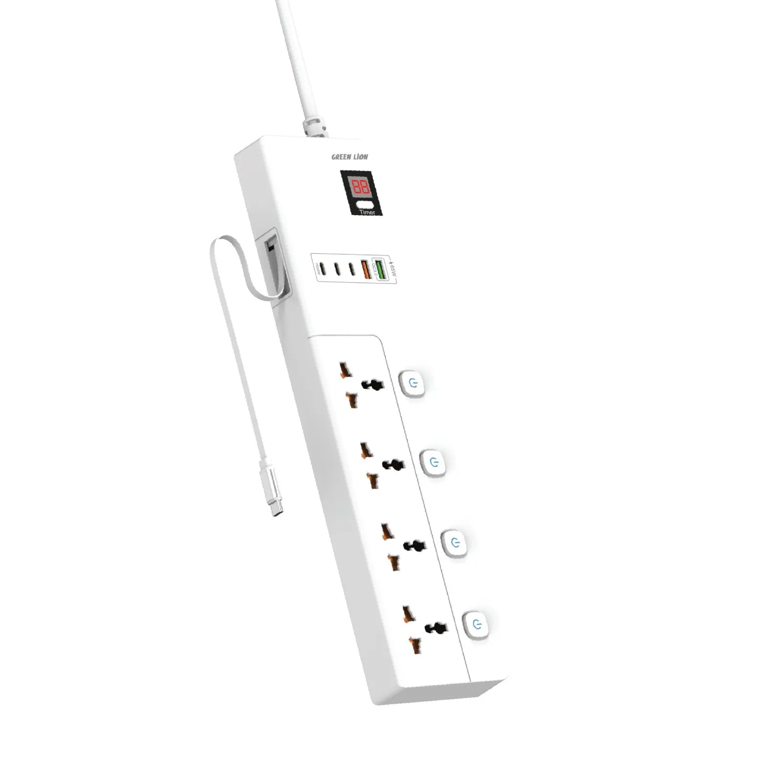 مشترك الكهرباء Green Lion GS-900 بقدرة 3500W مع كابل USB-C ساحب وتايمر رقمي – أبيض