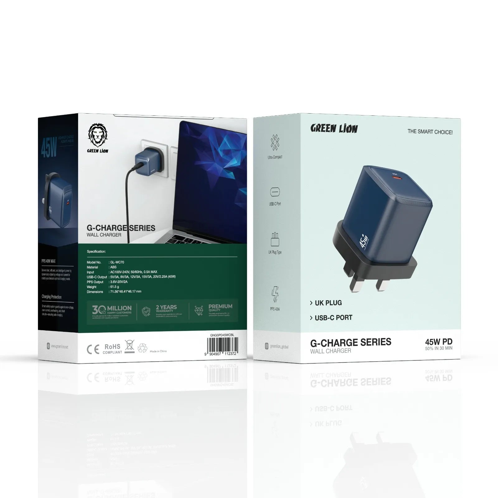 Green Lion G-Charge Series 45W PD USB-C Wall Charger UK Plug – Orange / Deep Blue