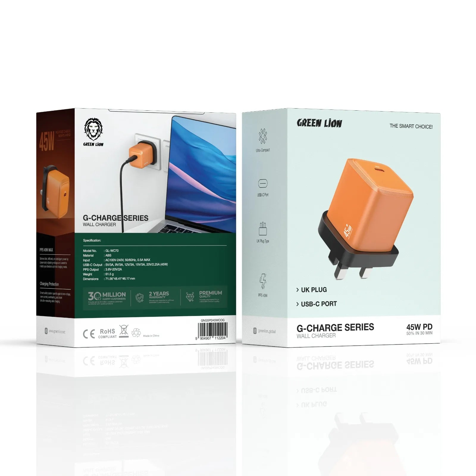 Green Lion G-Charge Series 45W PD USB-C Wall Charger UK Plug – Orange / Deep Blue