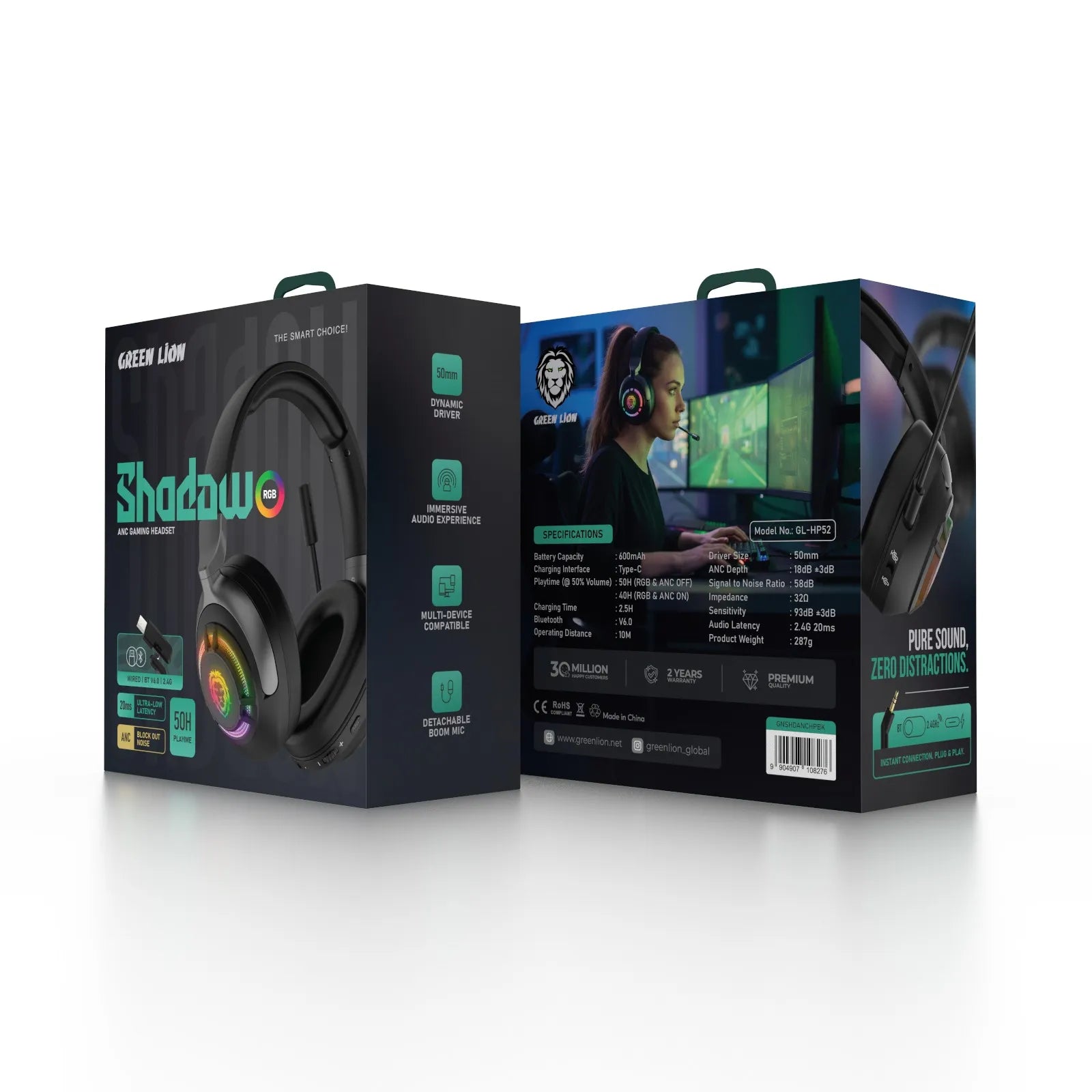 سماعة Green Lion Shadow RGB اللاسلكية للألعاب مع ANC ومايك قابل للفصل – أسود