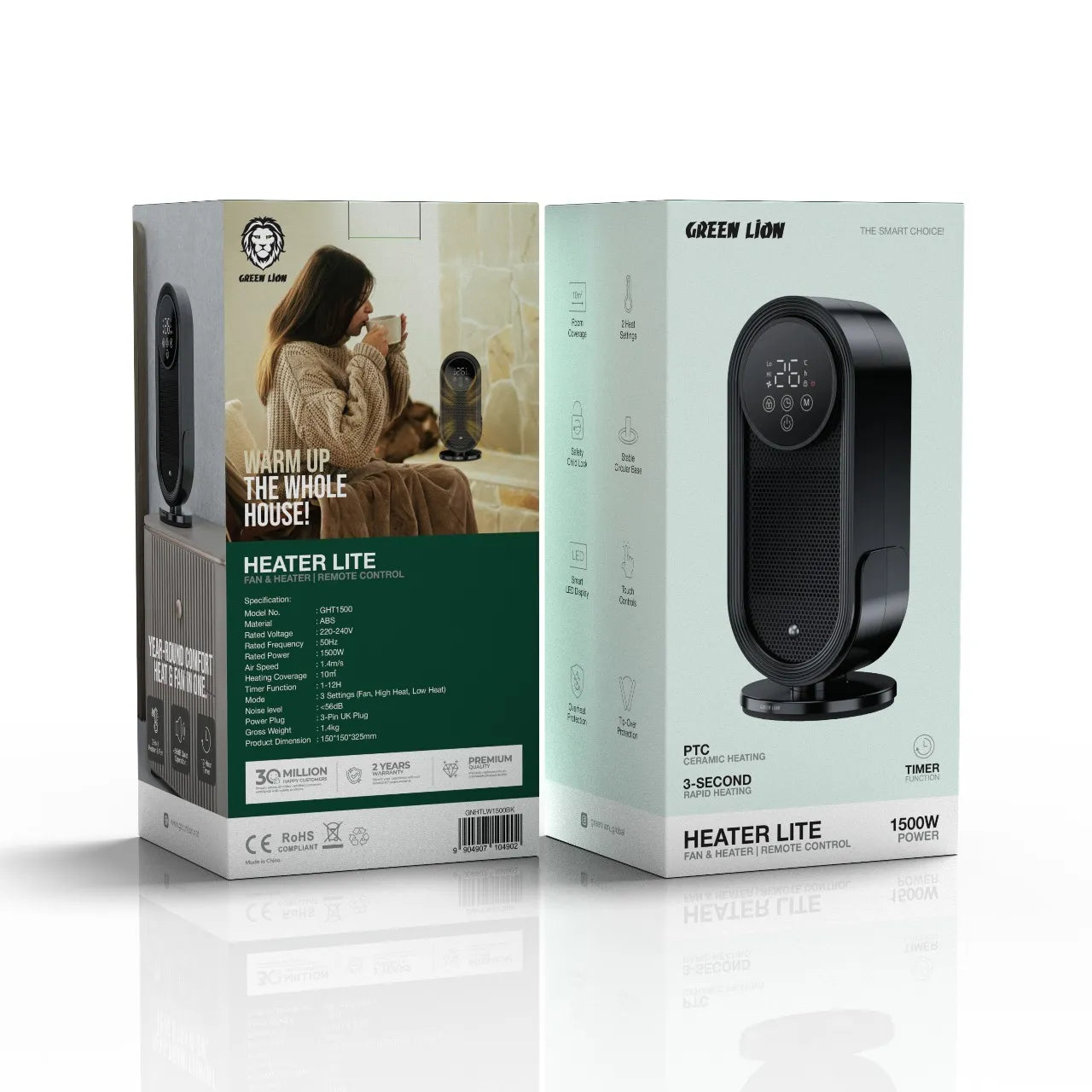 دفاية Green Lion Heater Lite سيراميك 1500W مع ريموت وتحكم ذكي – أسود