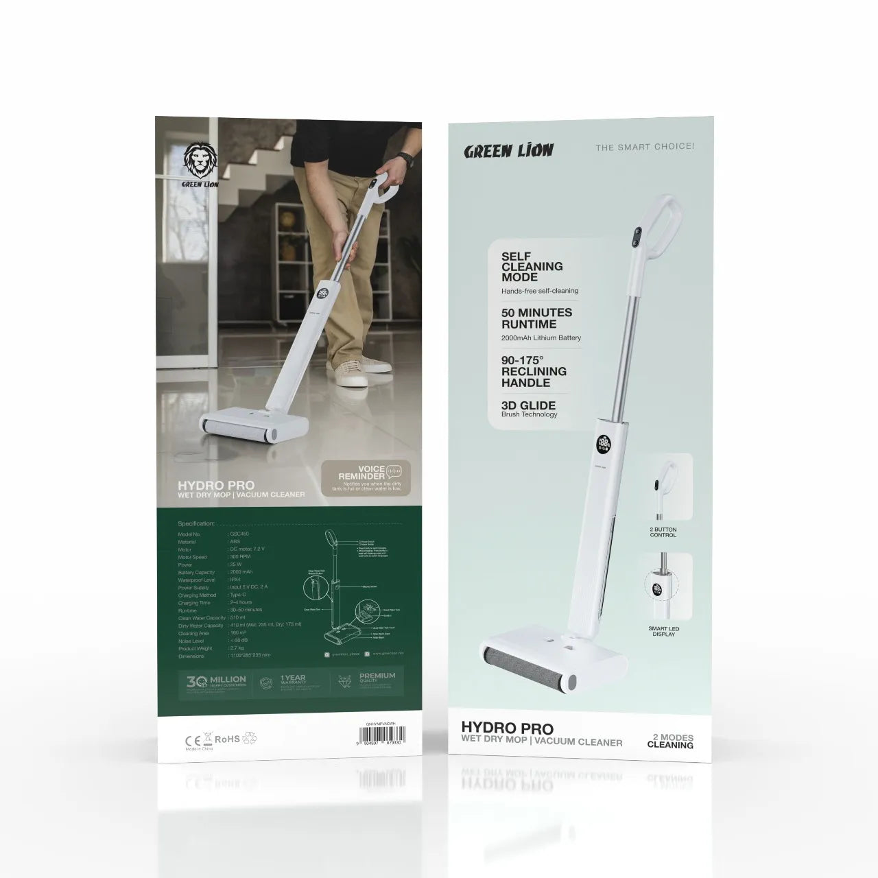 مكنسة Green Lion Hydro Pro اللاسلكية للتنظيف الجاف والرطب مع وضع التنظيف الذاتي – أبيض