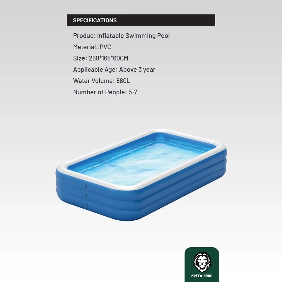 Green Lion Inflatable Swimming Pool 260×165×60CM for 5-7 People – Blue